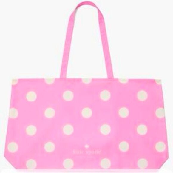 NEW Kate Spade XL Canvas Reusable Shopper Foldable Tote Pink White Polka Dots - Picture 1 of 8